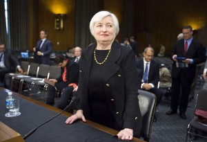 U.S. Federal Reserve Vice Chair Yellen stands after testifying during a confirmation hearing on her nomination to be the next chairman of the U.S. Federal Reserve before the Senate Banking Committee in Washington