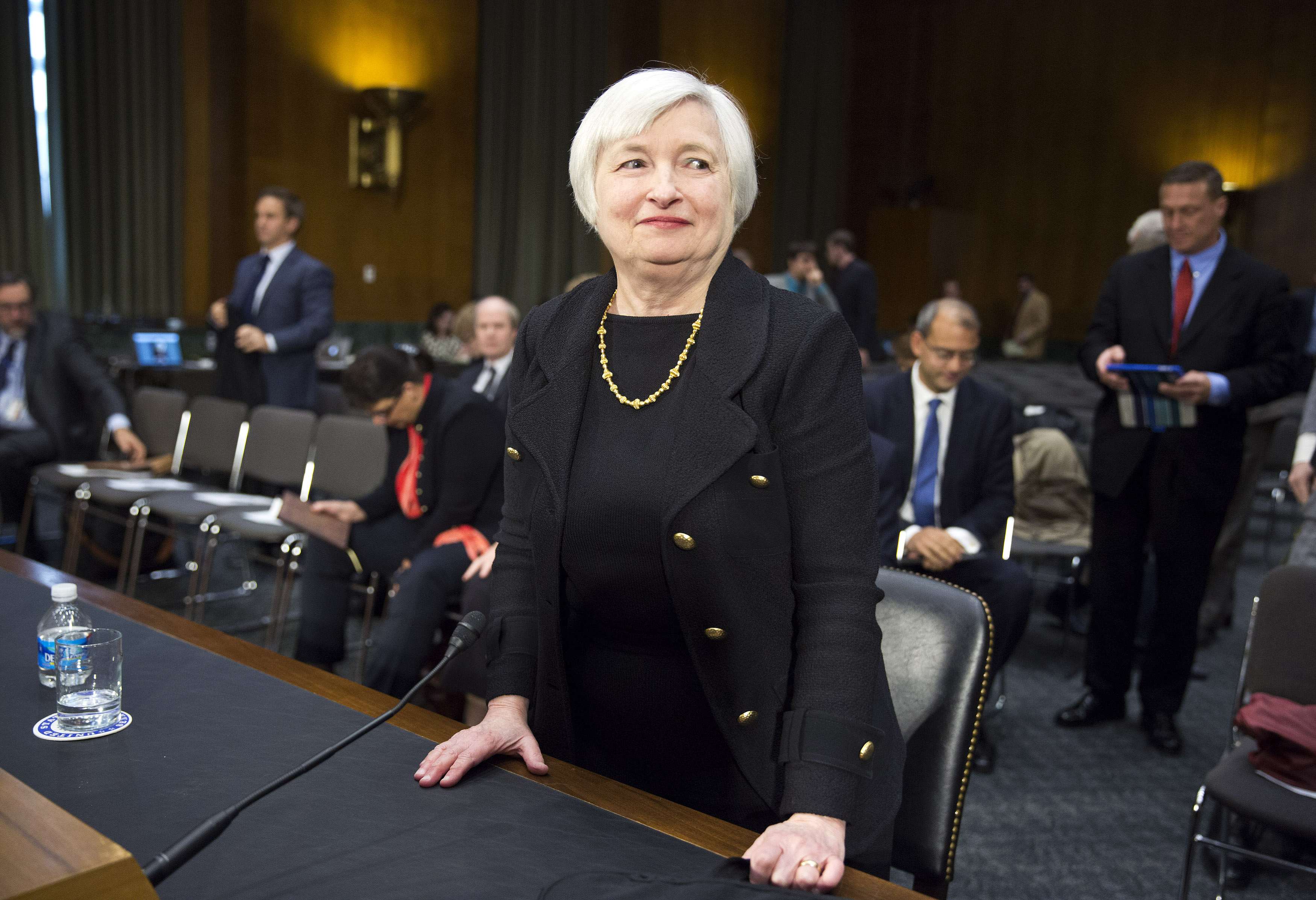 U.S. Federal Reserve Vice Chair Yellen stands after testifying during a confirmation hearing on her nomination to be the next chairman of the U.S. Federal Reserve before the Senate Banking Committee in Washington.