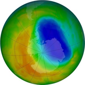 A false-color view of total ozone over the Antarctic pole is seen in this NASA handout image