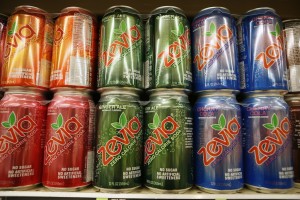 Cans of Zevia soda are seen in a supermarket in Los Angeles