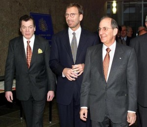 Seagram Company Limited President and CEO Edgar Bronfman Jr. (C) is flanked by his father Edgar Bron..