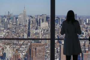 The Manhattan skyline is seen from the 68th floor of the 4 World Trade Center tower in New York,