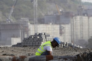 A worker is seen at the construction site of the Panama Canal Expansion project on the outskirts of Colon City
