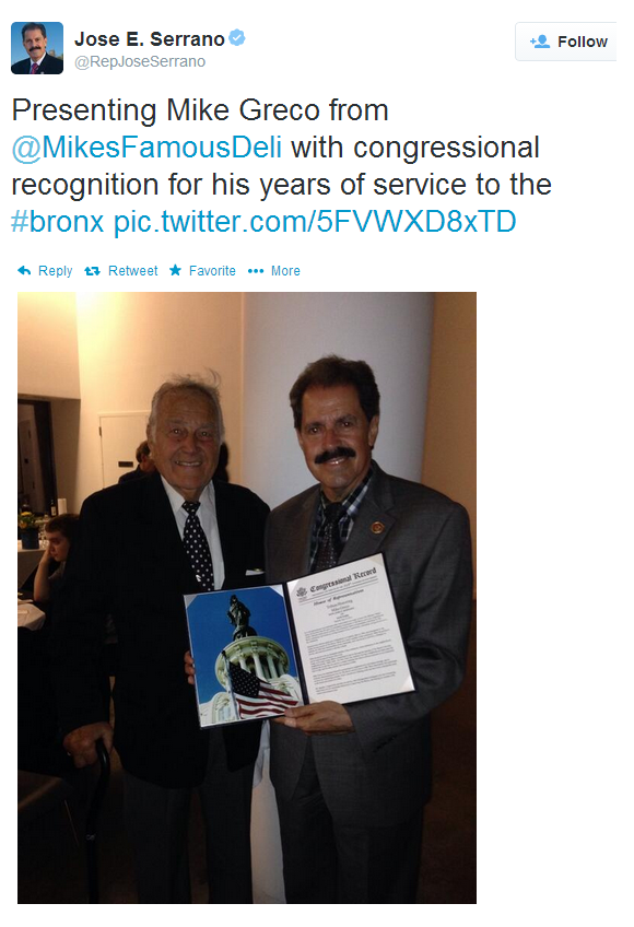 Congressman Serrano Honors Mike Greco Of Deli Fame