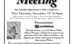 THIS THURSDAY 11/13: Monthly Community Meeting w/ Con Edison Representative & More! From 6:30-8:45pm inside “CenterLight” Building