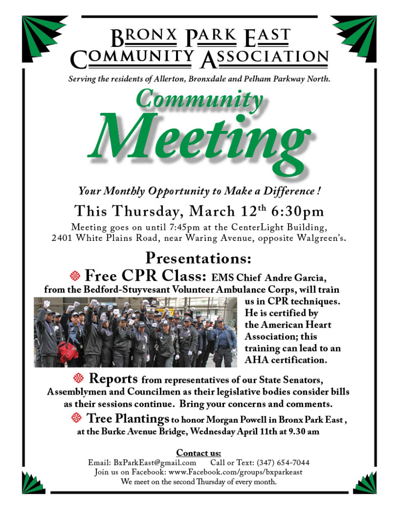 BPECA Meeting Flyer - CPR Class at Tomorrow's Community Meeting, 6.30pm