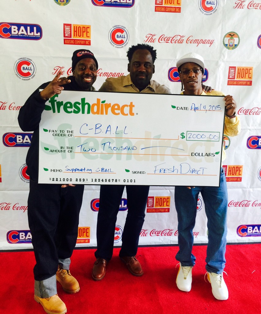 Mr. Sleep Johnson, Community Board member and Executive Director of C-BALL; Larry Scott Blackmon, Vice President, Public Affairs for FreshDirect; L.A. Sunshine, Rapper and C-BALL Host and Emcee.