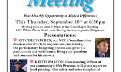 THIS THURSDAY: Community Meeting from 6:30-8:30pm inside CenterLight, 2401 White Plains Road. With Guests Councilman Ritchie Torres & Our Police Captain