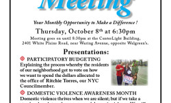 Bronx Park East Community Association October Community Meeting from 6:30-8:30pm in CenterLight, 2401 White Plains Road