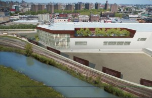 A rendering of the rear of FreshDirect’s new 500,000-square-foot Bronx headquarters along the Harlem River Yards.