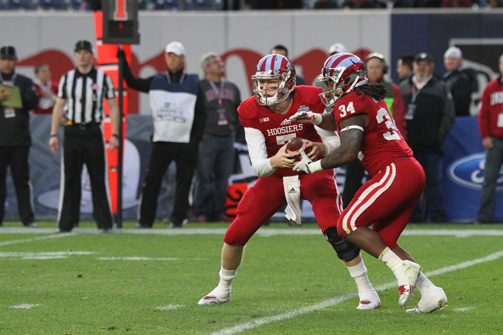 Indiana Hoosiers running back Devine Redding (34) takes a handoff. Credit: Gary Quintal, The Bronx Chronicle 