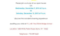 P. S. 481 The STEAM Bridge School – 1684 White Plains Road, Bronx, NY 10462   !!OPEN HOUSE!!