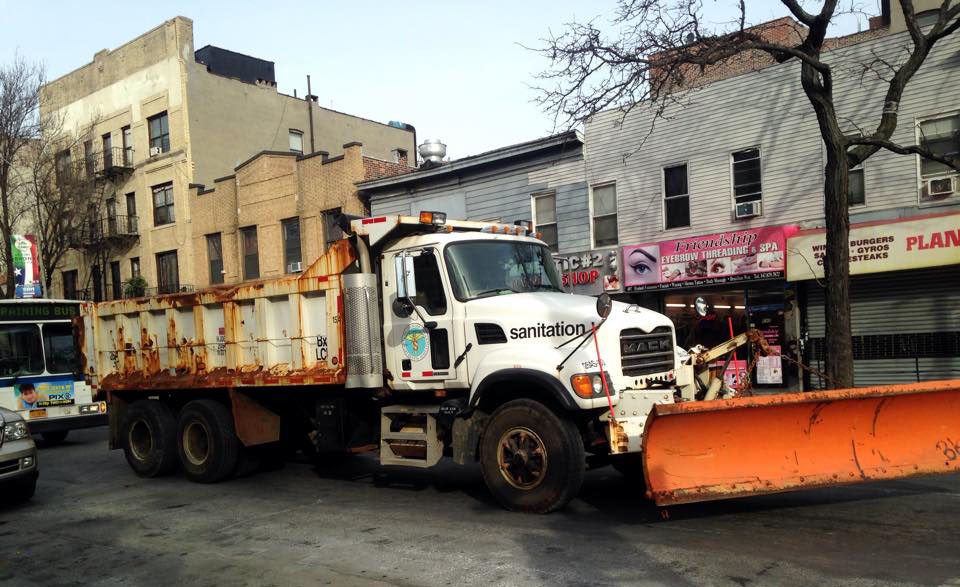 A NYC Sanitation plow seen on East 187th street in the Bronx. Photo courtesy of Gonzalo Duran.