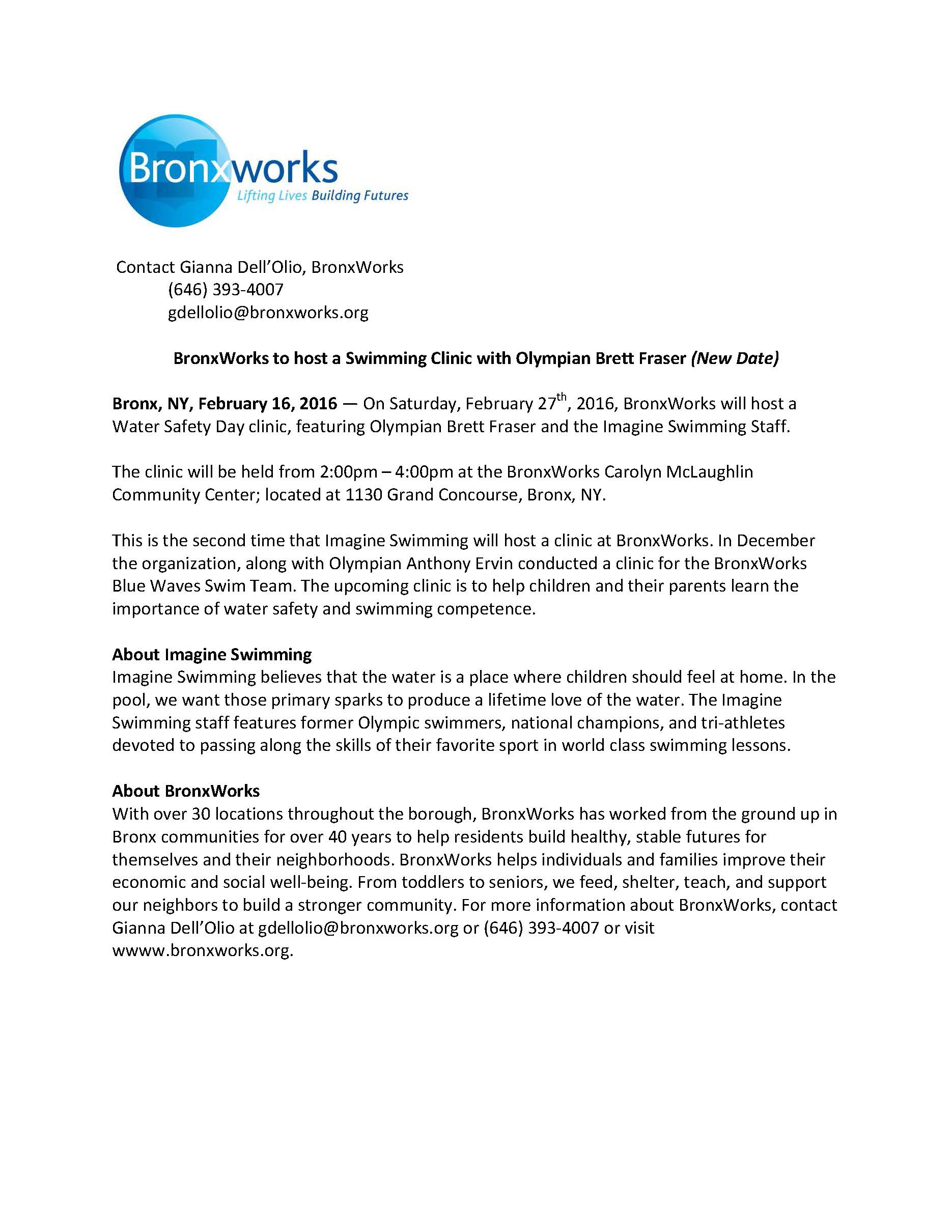 BronxWorks Hosts a Swimming Clinic with Olympian Brett Fraser PRESS RELEASE