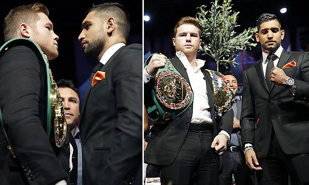 Boxers Canelo Alvarez, left, and Amir Khan pose for pictures during a news conference in New York, Tuesday, March 1, 2016. The pair will fight in Las Vegas on May 7, 2016. (AP Photo/Seth Wenig/Golden Boy Promotions) 