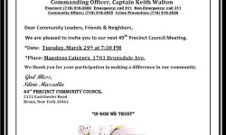 The 49th Pct. Community Council Meeting on TUESDAY, MARCH 29th 7:30PM at Maestro’s Caterers 1703 Bronxdale Ave.