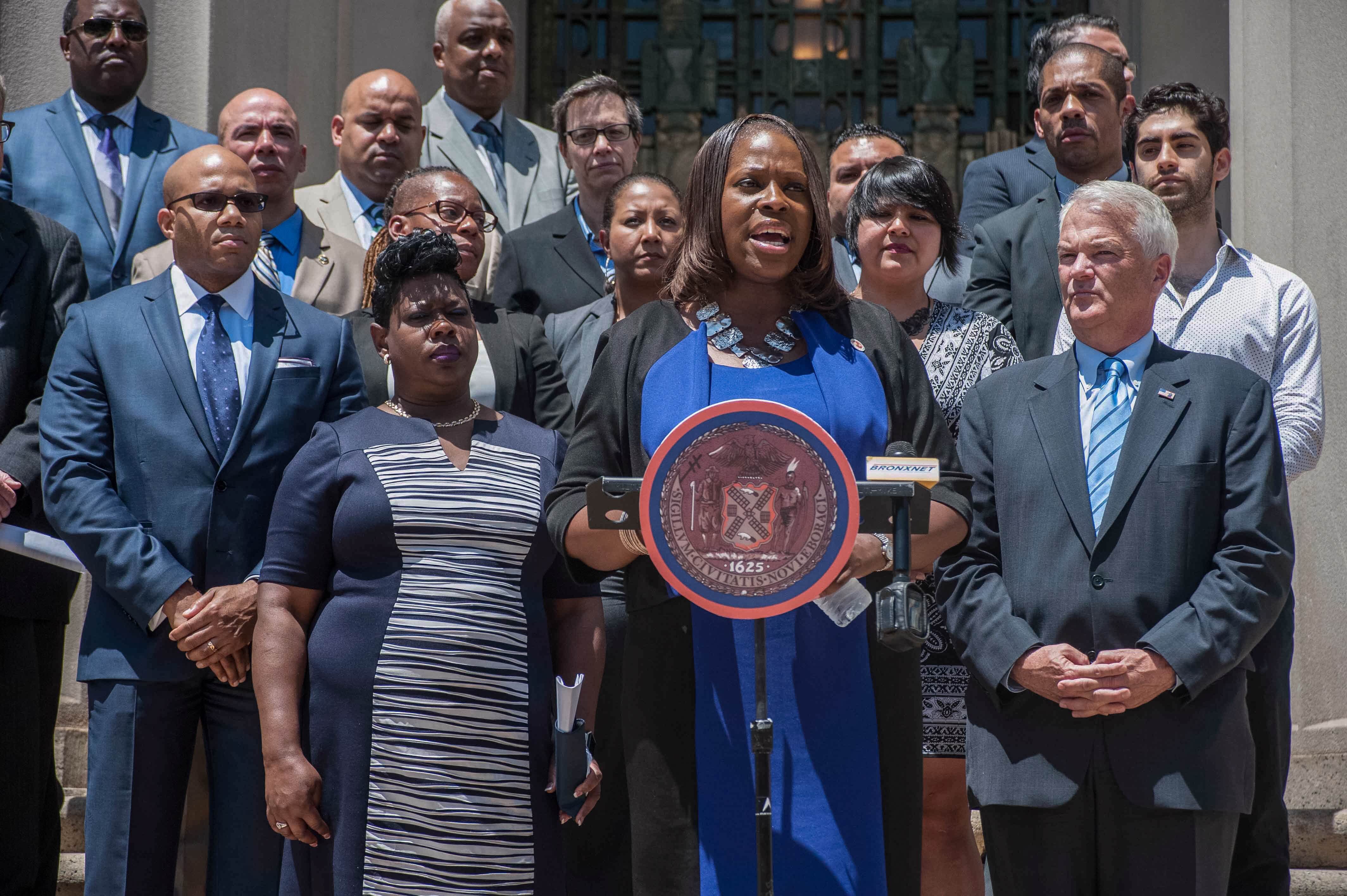 (1) Bronx District Attorney Darcel Clark at press conference celebrating the baselining of an additional $21.9 million in funding for the city's prosecut