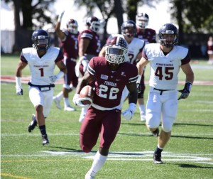 Chase Edmonds (22) rumbles downfield in Fordham's 31-17 win on Saturday. Photo credit: Gerson Legend