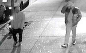 Another surveillance photo shows the two suspects fleeing north on Bainbridge Avenue after the stick-up.  Photo courtesy of the NYPD