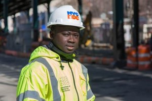 Borough resident and DDC Construction Intern Ibrahim Alassani     inspects sewer construction along Southern Blvd in the Bronx.