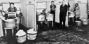 The first laundromat, called a “Washateria,” was opened today by John F. Cantrell in Fort Worth, Texas. (Credit: Retro Newser)