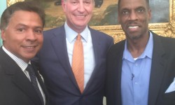 Dwight "Doc" Gooden Day at City Hall. Pictured (left to right), Ray Negron, Mayor Bill de Blasio, Doc Gooden. Credit: Ray Negron.