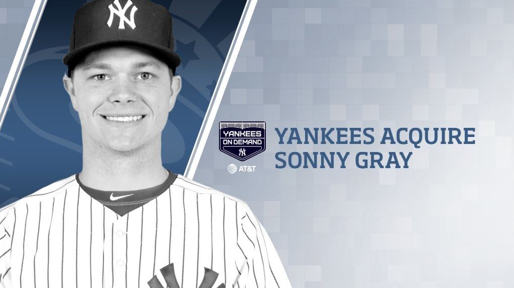 The Yankees acquired RHP Sonny Gray and int'l signing bonus pool money from Oakland for Dustin Fowler, James Kaprielian and Jorge Mateo. Credit: @YankeesPR