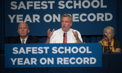 Mayor Bill de Blasio, Police Commissioner James O'Neill and School Chancellor Carmen Fariña hold a press conference on school safety at M.S. 88 in Brooklyn on Tuesday, August 1, 2017. Michael Appleton/Mayoral Photography Office