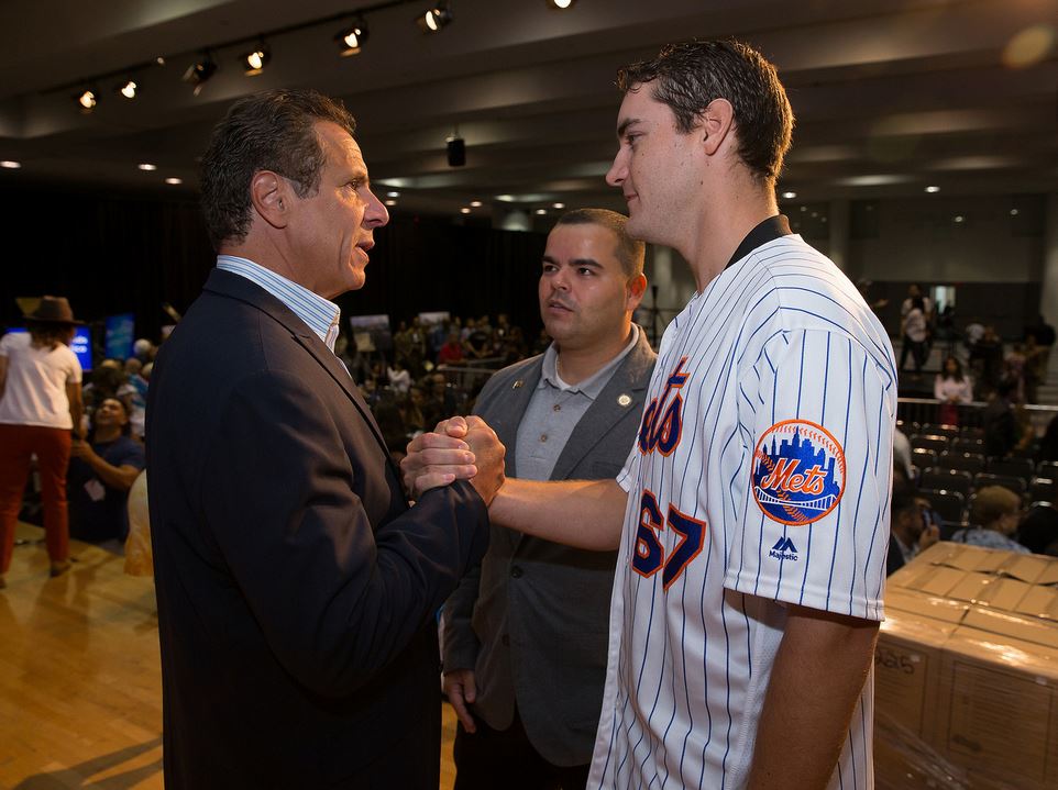 September 24, 2017- New York, NY - Governor Andrew M. Cuomo was joined by New Yorkers Jennifer Lopez, Rose Perez, Assemblyman Marcos Crespo and pitcher Seth Lugo of the Mets, along with elected officials and labor, business and hospital leaders to provide an update on the Puerto Rico recovery effort and to make an announcement. (Photo credit: Philip Kamrass/ Office of Governor Andrew M. Cuomo)