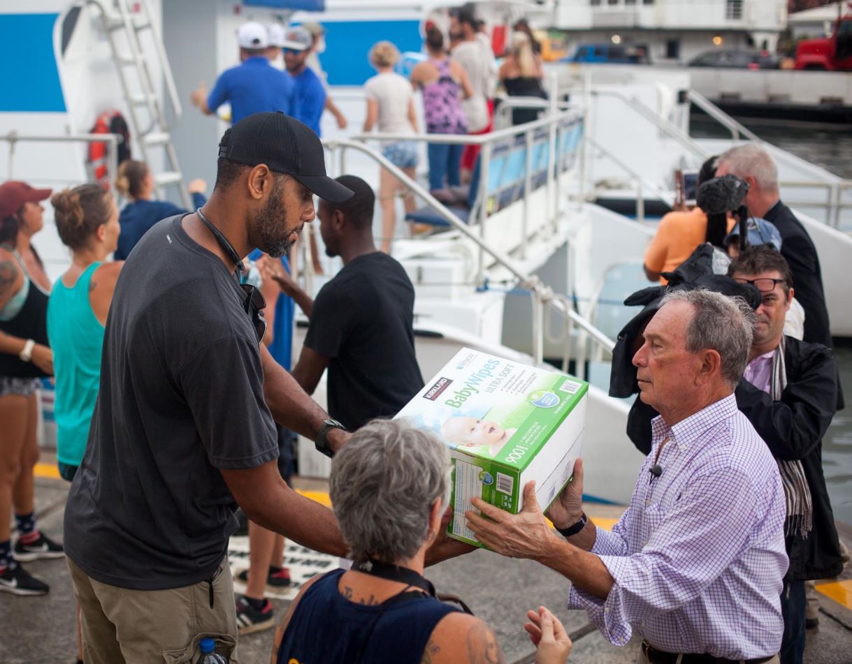 On the ground in the USVI was former NYC Mayor Mike Bloom with NBA allstar Tim Duncan and USVI Gov. Mapp, seeing the devastation firsthand and the resilience of those affected. http://www.usvirecovery.org  (Credit: Twitter @MikeBloomberg)