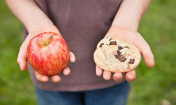 A Boy Comparing An Apple And A Cookie