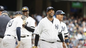 CC Sabathia gets a well-deserved standing ovation as he exits Saturday's game. His final line: 5.2 IP, 4 H, 0 R, 0 BB, 6 K.  (NY Yankees Twitter account)