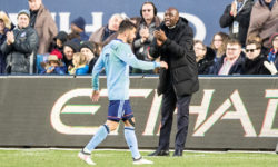 Mar 11, 2018; New York, NY, USA; New York City head coach Patrick Vieira  claps as forward David Villa (7) subs out against the Los Angeles Galaxy during the second half at Yankee Stadium. Mandatory Credit: Vincent Carchietta-USA TODAY Sports