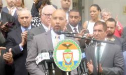 Borough President Ruben Diaz, Jr., joined with elected officials, clergy leaders and immigration activists on the steps of the Bronx Supreme Court demanding an end to the zero-tolerance policy on immigration implemented by the Trump administration.--Photo by David Greene