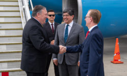 Secretary of State Michael R. Pompeo is greeted by Ecuadorian Minister of Foreign Affairs José Valencia Amores and U.S. Ambassador to Ecuador Michael J. Fitzpatrick, in Guayaquil, Ecuador. [State Department photo by Ron Przysucha]