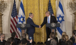 President Donald Trump and Israeli Prime Minister Benjamin Netanyahu shake hands during their joint press conference, Wednesday, Feb. 15, 2017, in the East Room of the White House in Washington, D.C. (Official White House Photo by Benjamin D. Applebaum)