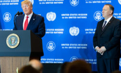 President Donald J. Trump and Secretary of State Mike Pompeo on stage in the Grand Ballroom of the InterContinental New York Barclay in New York City. (Official White House Photo by Shealah Craighead)