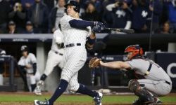 New York Yankees' Aaron Judge hits a three-run home run during the fourth inning of Game 3 of baseball's American League Championship Series against the Houston Astros Monday, Oct. 16, 2017, in New York. (AP Photo/Kathy Willens)